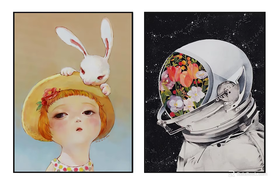 Girl With Rabbit On Yellow Hat And Astronaut Helmet With Colorful Flowers 3d model 