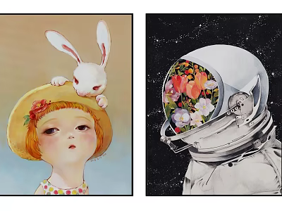 Girl With Rabbit On Yellow Hat And Astronaut Helmet With Colorful Flowers 3d model