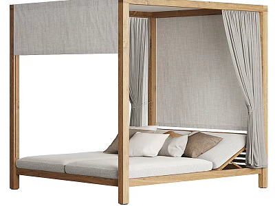 Wooden Canopy Double Bed With Gray Curtains White Mattress and Soft Pillows 3d model