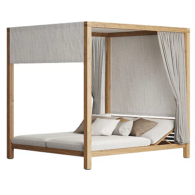 Wooden Canopy Double Bed With Gray Curtains White Mattress and Soft Pillows 3d model