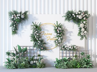 Wedding Decorative Backdrop With White Striped Wall Golden Circular Forever Yours Sign And Green Plants Flowers 3d model