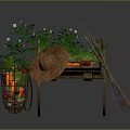 Rustic Wooden Wheelbarrow Adorned With Growing Plants Vegetables Straw Hat And Hoe