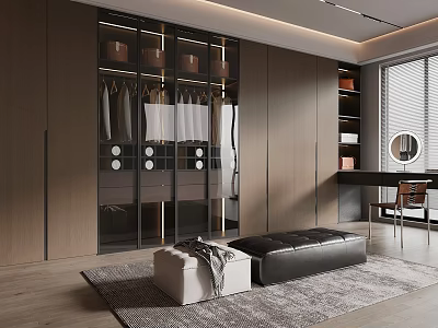 Modern Walk In Closet Interior With Wooden Cabinets Glass Doors Hanging Clothes And Leather Bench 3d model