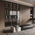 Modern Walk In Closet Interior With Wooden Cabinets Glass Doors Hanging Clothes And Leather Bench