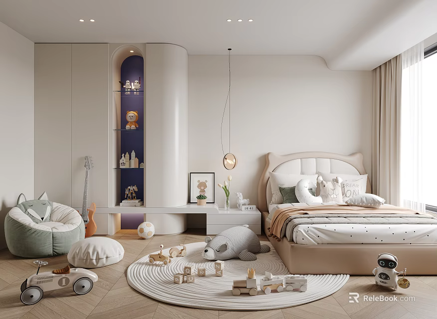 Kids Room Interior With Soft Bed Stuffed Toys Playful Rug Shelves And Bean Bag Chair 3d model 
