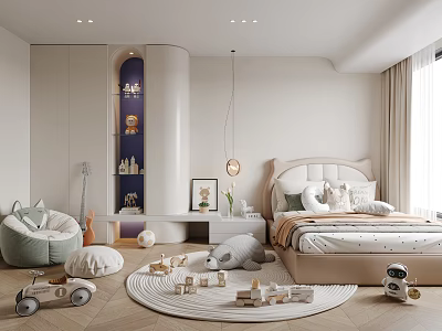 Kids Room Interior With Soft Bed Stuffed Toys Playful Rug Shelves And Bean Bag Chair 3d model
