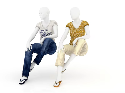 Fashion Mannequins Sitting In Casual Outfits With Patterned Tops Jeans And Sandals 3d model
