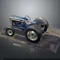 Detailed Vintage Blue Tractor Model with Large Wheels and Metallic Body on Gray Mat