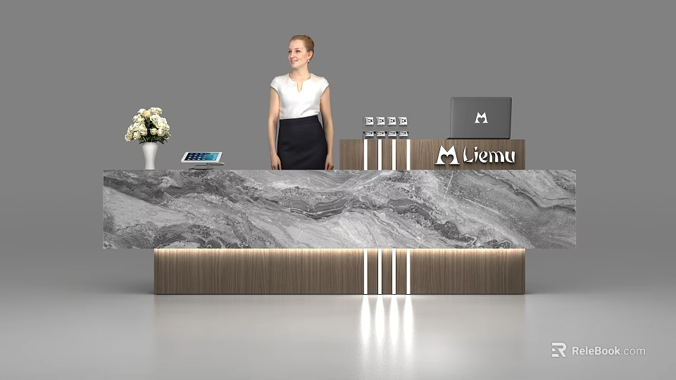 Modern Reception Desk With Marble Texture Surface Jiemu Logo And White Flower Vase Tablet Laptop 3d model 