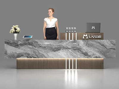 Modern Reception Desk With Marble Texture Surface Jiemu Logo And White Flower Vase Tablet Laptop 3d model