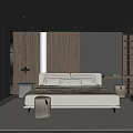 Modern Bedroom Interior With Wooden Accent Wall Bed Bedside Table Armchair And Bookshelf