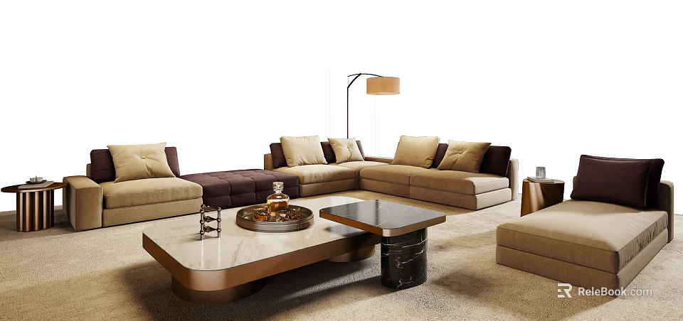 Modern Modular Sofa and Coffee Table Set With Beige Cushions And Marble Top 3d model