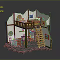 Two Story Cottage Interior Design With Wooden Staircase Bed Table And Stone Floor
