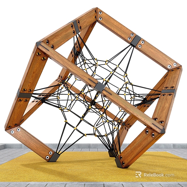Wooden Outdoor Playground Equipment With Geometric Frame And Climbing Net For Kids 3d model 