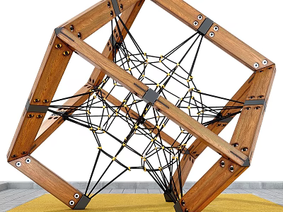 Wooden Outdoor Playground Equipment With Geometric Frame And Climbing Net For Kids 3d model