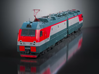 Electric Train With Red Front Two Carriages Blue White Body And Pantograph On Shiny Surface 3d model
