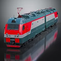 Electric Train With Red Front Two Carriages Blue White Body And Pantograph On Shiny Surface 3d model