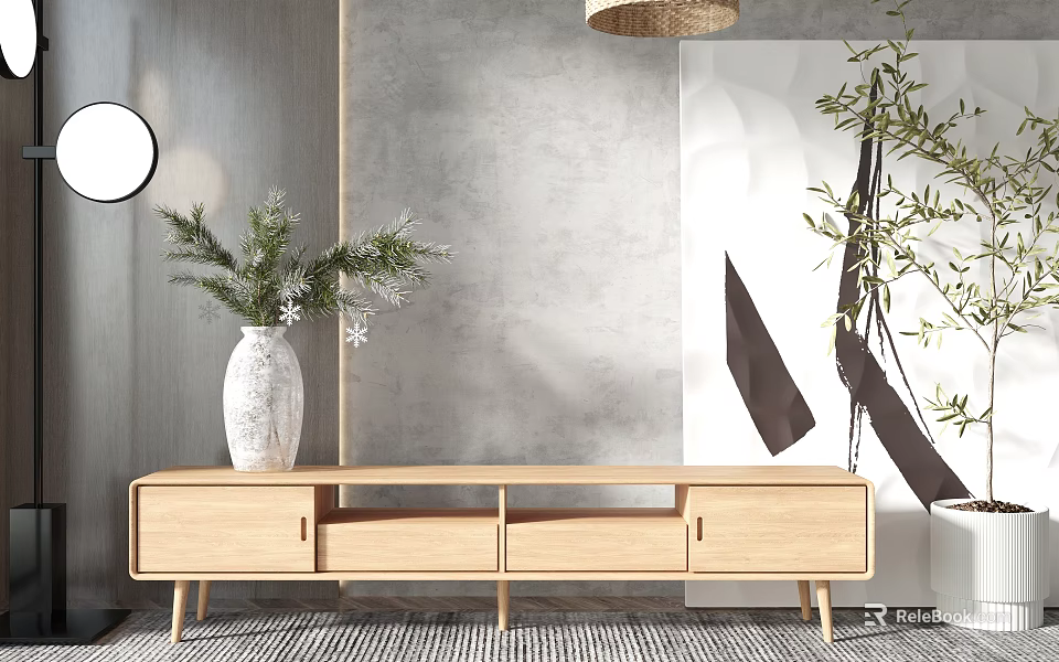 Modern Wooden TV Stand With Minimalist Design And Potted Plant Decorative Vase 3d model 