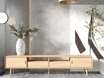 Modern Wooden TV Stand With Minimalist Design And Potted Plant Decorative Vase 3d model