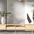 Modern Wooden TV Stand With Minimalist Design And Potted Plant Decorative Vase