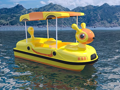 Yellow Duck Shaped Pedal Boat Floating On Calm Water With Mountain Background 3d model