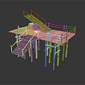 Modern Elevated Wooden Platform With Staircases Railings And Wooden Post Supports