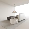 Modern Upholstered Double Bed With Gray Pillows Bedside Tables Pendant Light And Soft Carpet