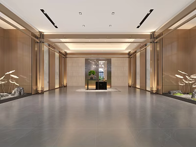 Elegant Modern Hotel Lobby With Wooden Walls Stone Flooring Ceiling Light Strips And Central Green Plant 3d model