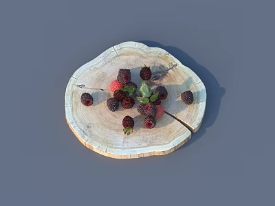 Ceramic Vessel With Natural Wooden Texture Displaying Fresh Strawberries Blackberries On Gray Background 3d model