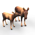 Two Brown Moose Adult and Baby Standing Together on White Background