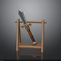 Wooden Sword Rack Displaying Decorative Sword With Ornate Hilt And Brown Grip