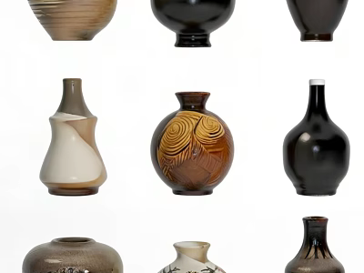 Ceramic Vessels In Various Shapes With Earth Tones Black White And Unique Patterns 3d model