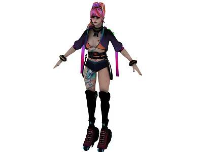 Woman with Pink Hair Colorful Crop Top Open Jacket Leg Tattoos on Black Roller Skates 3d model