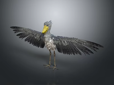 Realistic Flying Bird With Grey Feathers Yellow Beak And Spread Wings In Standing Pose 3d model