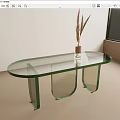 Oval Shaped Glass Top Dining Table With Green Legs And Pampas Grass Vase
