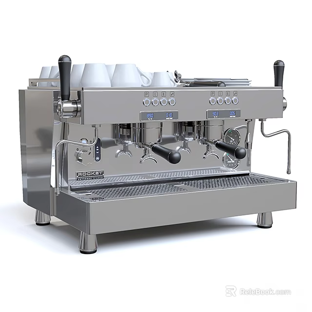 Stainless Steel Commercial Coffee Machine With Cups On Top Double Spouts Control Buttons Steam Wands 3d model 