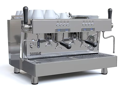 Stainless Steel Commercial Coffee Machine With Cups On Top Double Spouts Control Buttons Steam Wands 3d model