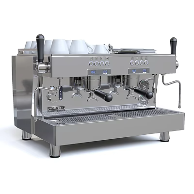 Stainless Steel Commercial Coffee Machine With Cups On Top Double Spouts Control Buttons Steam Wands 3d model