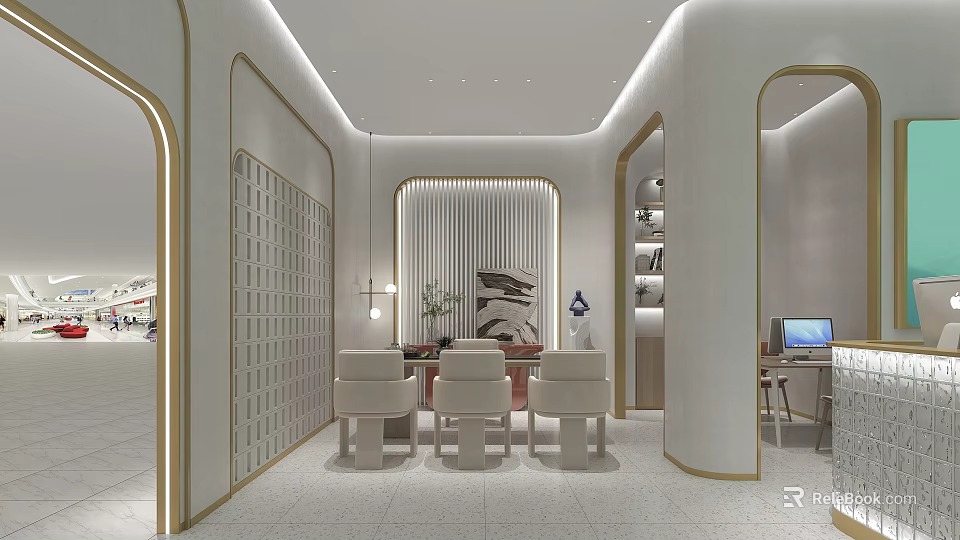 Modern Boutique Interior With Curved Design White Chairs Bookshelves And Lighting 3d model 