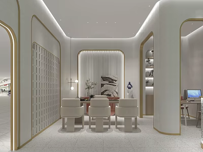 Modern Boutique Interior With Curved Design White Chairs Bookshelves And Lighting 3d model