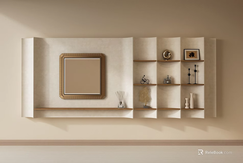 Elegant Wall Mounted Display Shelf With Decorative Ornaments And Photo Frames 3d model 