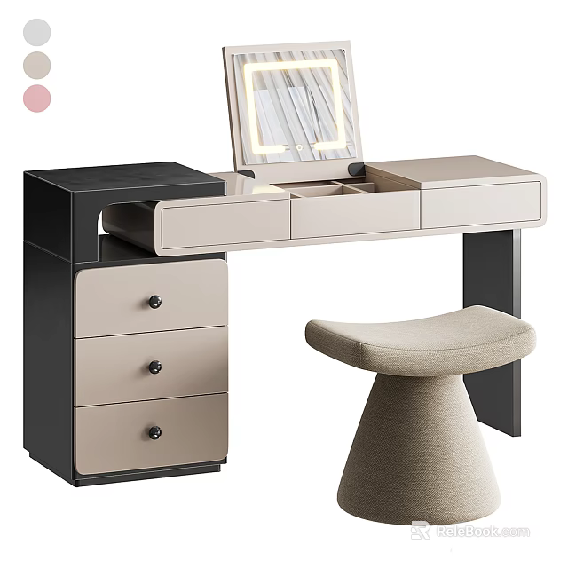 Modern Black and Beige Dressing Table with Drawers Illuminated Mirror and Stool 3d model 