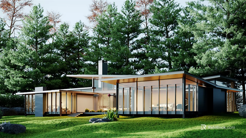 Modern Single Family House With Large Glass Windows Surrounded by Green Trees and Lawn 3d model 