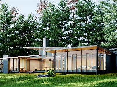 Modern Single Family House With Large Glass Windows Surrounded by Green Trees and Lawn 3d model