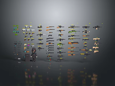 Assorted Weapons Collection Display With Different Models And Small Toy Figurine 3d model