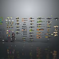 Assorted Weapons Collection Display With Different Models And Small Toy Figurine