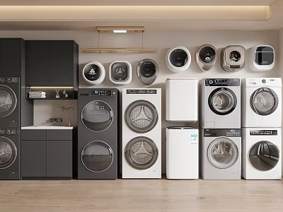 Modern Washing Machines In Various Colors Neatly Arranged With Storage Cabinets 3d model