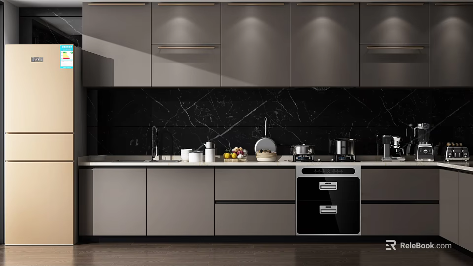 Modern Kitchen With Gray Cabinets Black Marble Backsplash And Countertop Appliances 3d model 