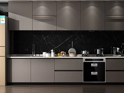 Modern Kitchen With Gray Cabinets Black Marble Backsplash And Countertop Appliances 3d model