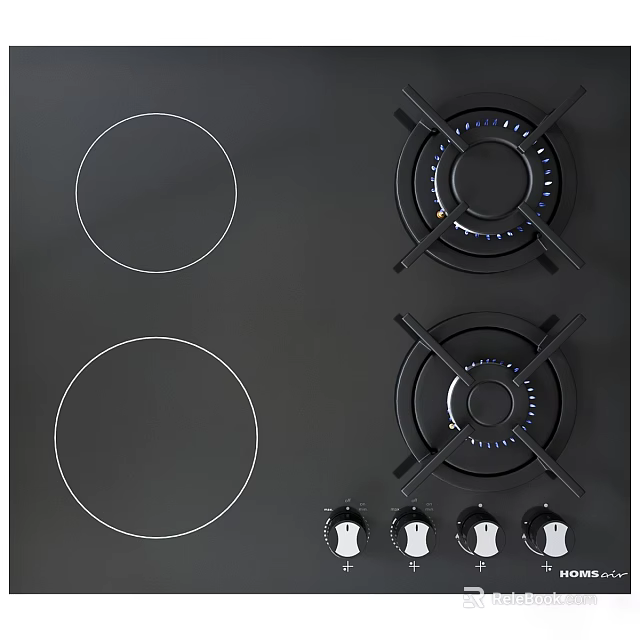 Modern Black Kitchen Gas Stove With Dual Burners Induction Zones And Control Knobs 3d model 